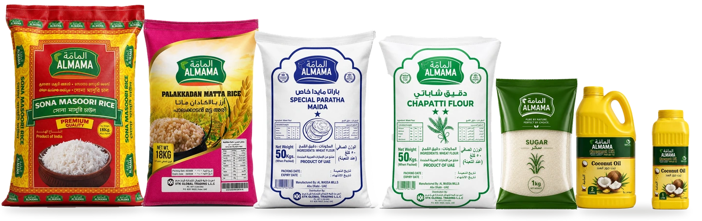 ALMAMA Sona Masoori rice, Matta rice, flour, sugar and coconut oil in their original supplied packaging