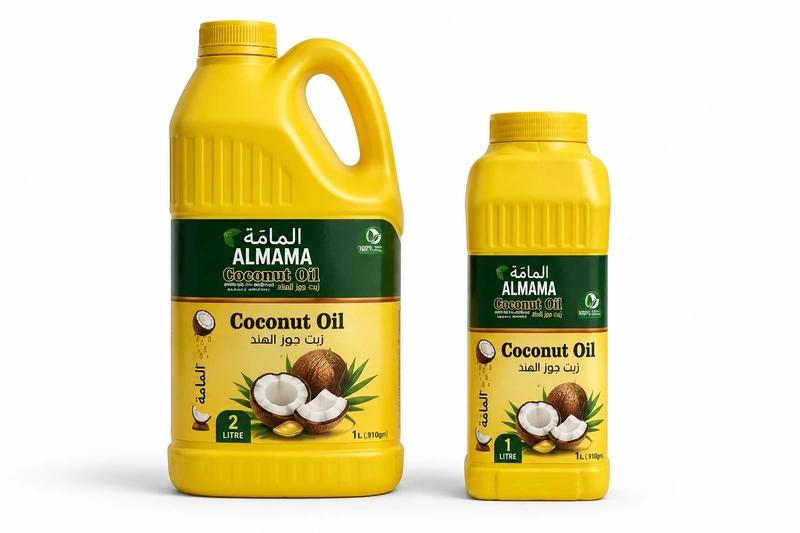 Original ALMAMA Coconut Oil packaging, 1 L & 2 L