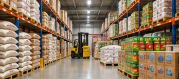 Illustrative foodstuff warehouse with rice and flour sacks, grocery cartons and organised pallet racks