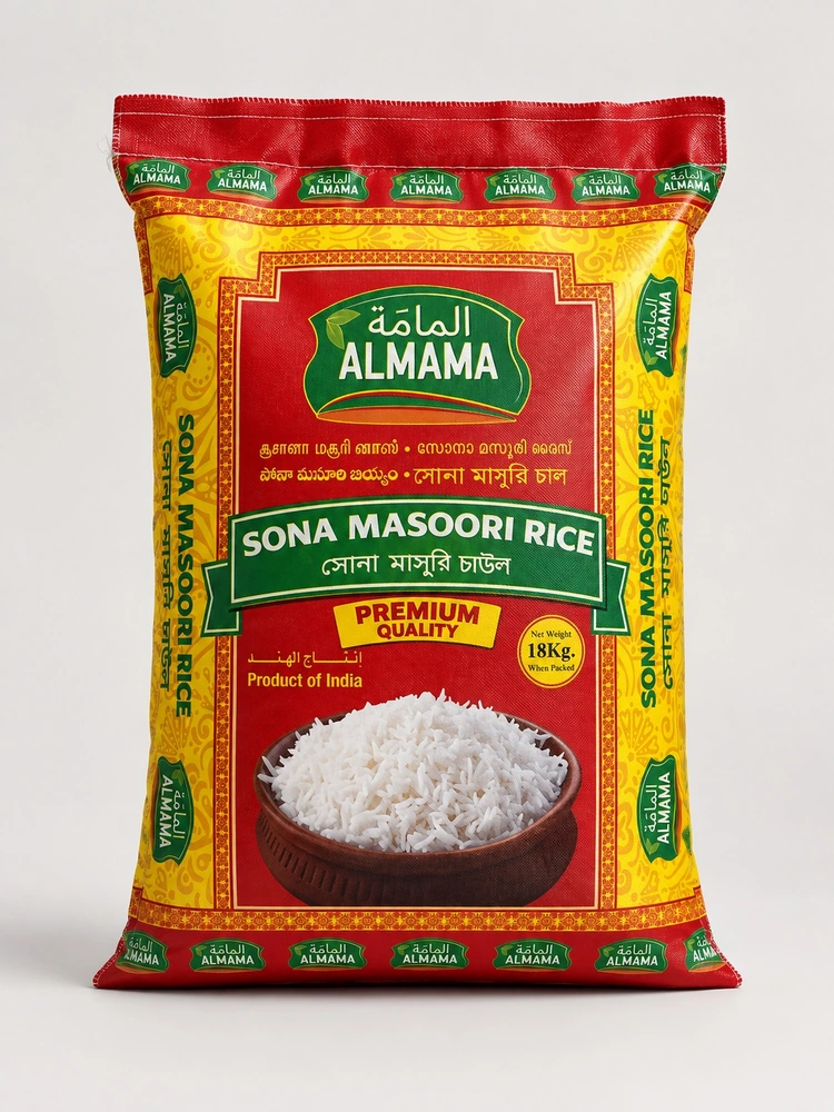 Original ALMAMA Sona Masoori Rice packaging, 18 kg